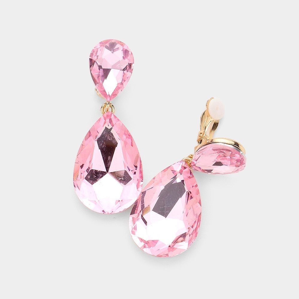 Elegant Clip On Pink Teardrop Earrings
